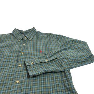 Ralph Lauren Classic Fit Button Front Shirt Sz L Mens Plaid Green Cotton